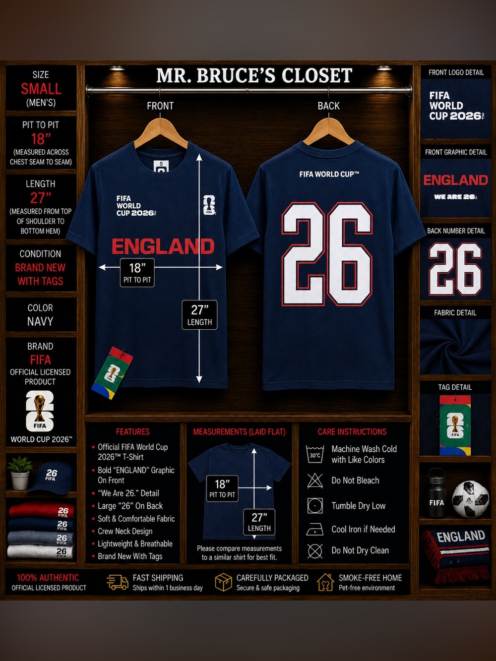 FIFA Official Licensed England Soccer Tee - Navy Crew